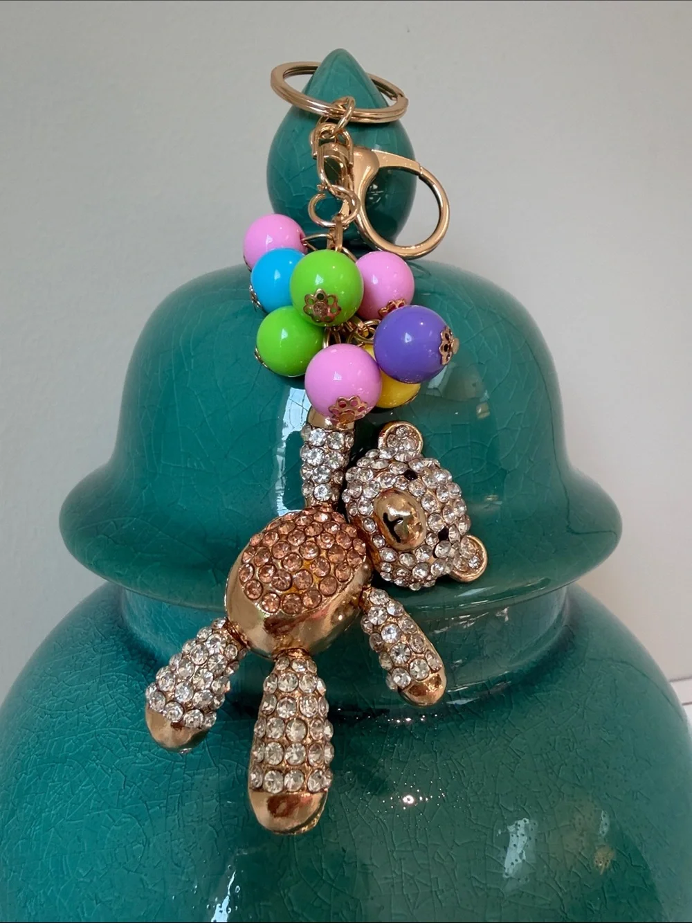 Crystal Teddy Bear Keychain with Colorful Bead Charms NWT